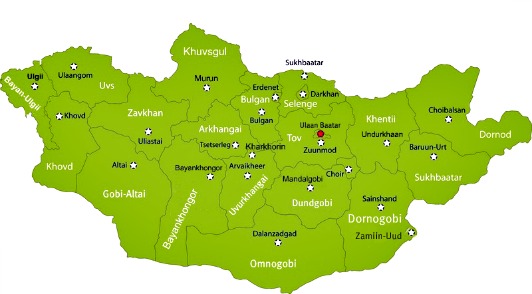 The aimags (provinces) and aimag centers of Mongolia (Darkhan is a city but also it's own aimag, Darkhan-Uul)