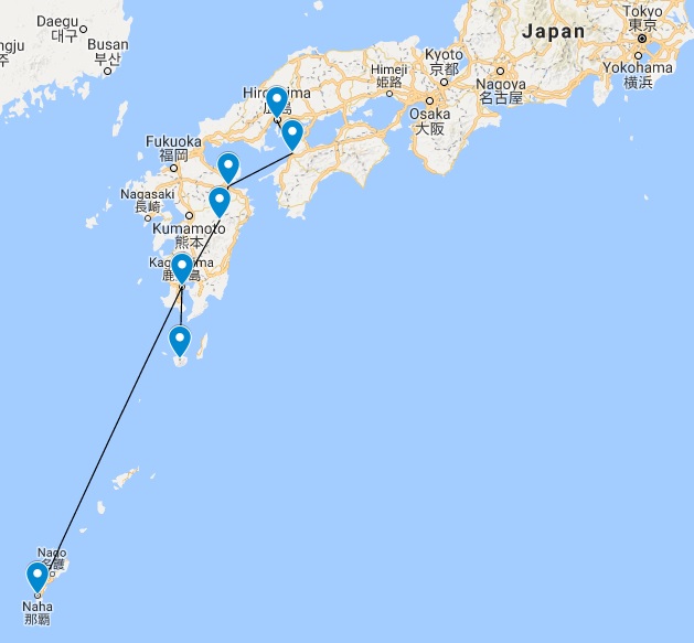 Since I'd already been to the big cities (Tokyo, Kyoto, Osaka, etc.) on my first trip, I decided to explore southern Japan, including Hiroshima, Matsuyama, Beppu, Takachiho, Kagoshima, Yakushima, and Okinawa